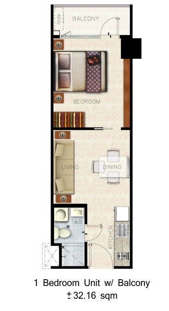 Shore 3 Residences Unit Layout - 1 Bedroom Unit w/ Balcony (32.16 sqm)