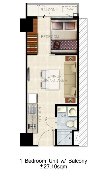 Shore 3 Residences Unit Layout - 1 Bedroom Unit w/ Balcony (27.10 sqm)