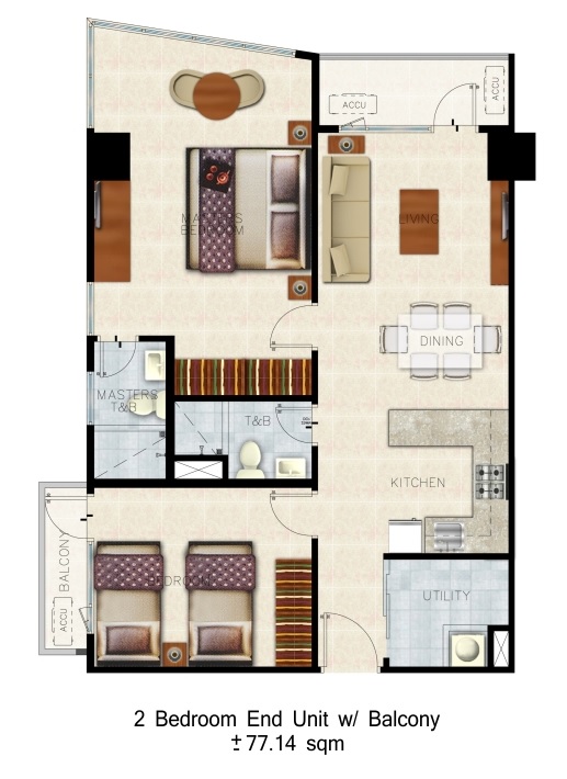 Shore 3 Residences Unit Layout - 2 Bedroom End Unit w/ Balcony (77.14 sqm)