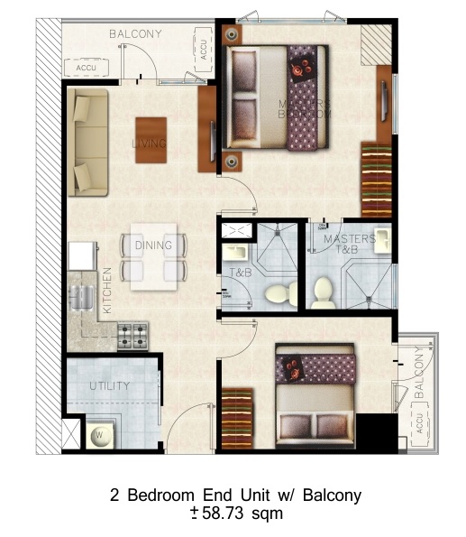 Shore 3 Residences Unit Layout - 2 Bedroom End Unit w/ Balcony (58.73 sqm)